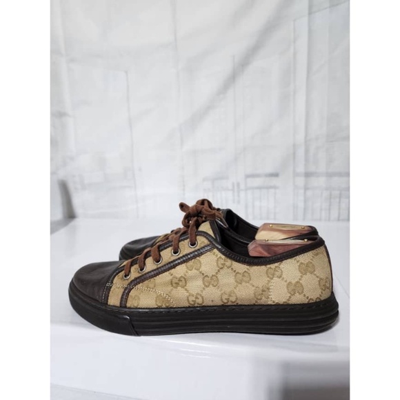 Authentic Gucci Leather And Monogram Canvas Lace Up Sneakers Brown/Beige Size 7. - Picture 10 of 16